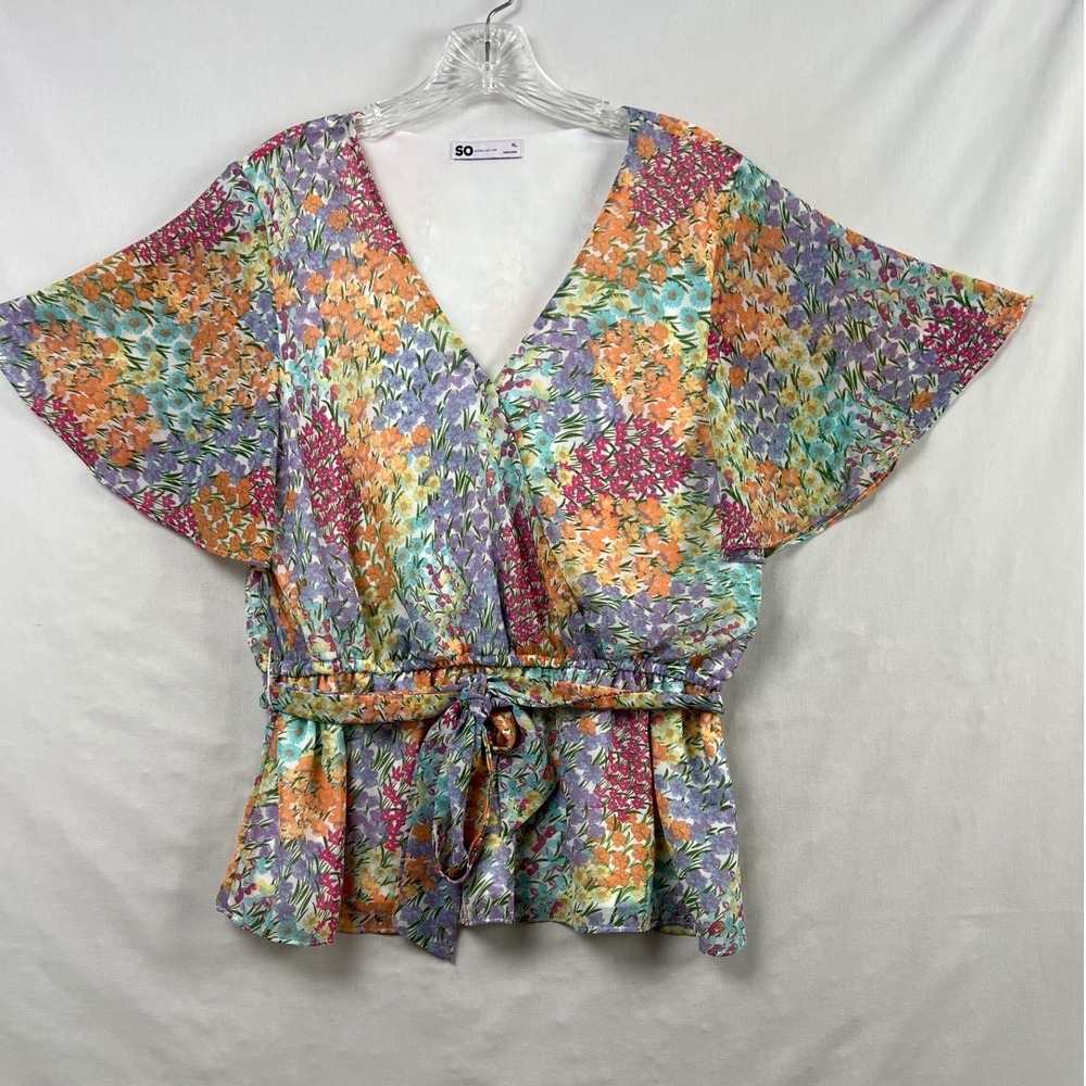 SO Goods for Life Blouse Womens XL Multicolor Flutter Sleeve V-Neck Tie Waist